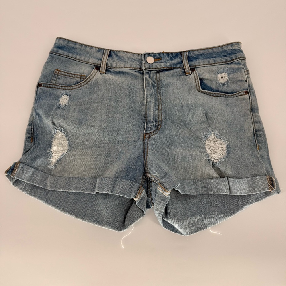 H&M High-Waisted Washed Light Blue Distressed Denim Women's Shorts Size 12